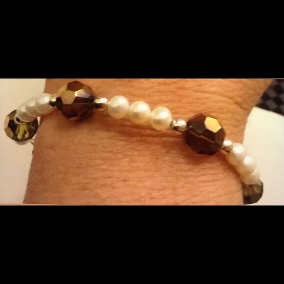 New Genuine Freshwater Pearl & Faceted Cocoa Crystal Bracelet - Picture 2 of 2
